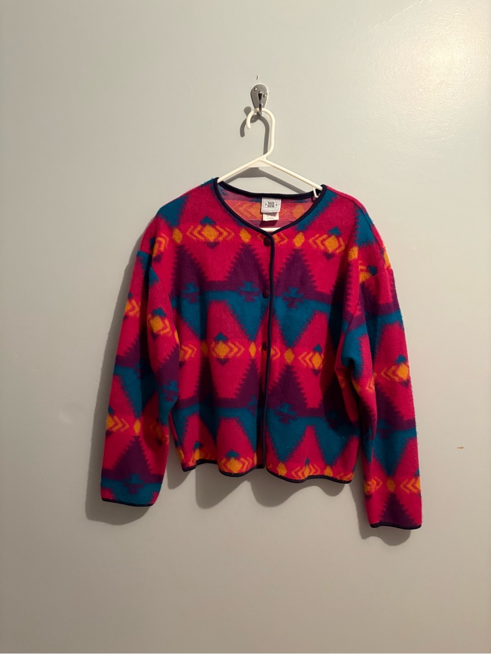 Vintage David Wayne Women's Size Large Fleece Jacket Pink Teal Geometric Aztec